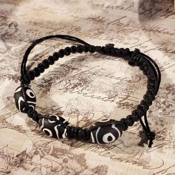 Tibetan Black White Dzi Glass Beads Macrame Adjustable Unisex Boho Ethnic Bracel - Picture 4 of 7
